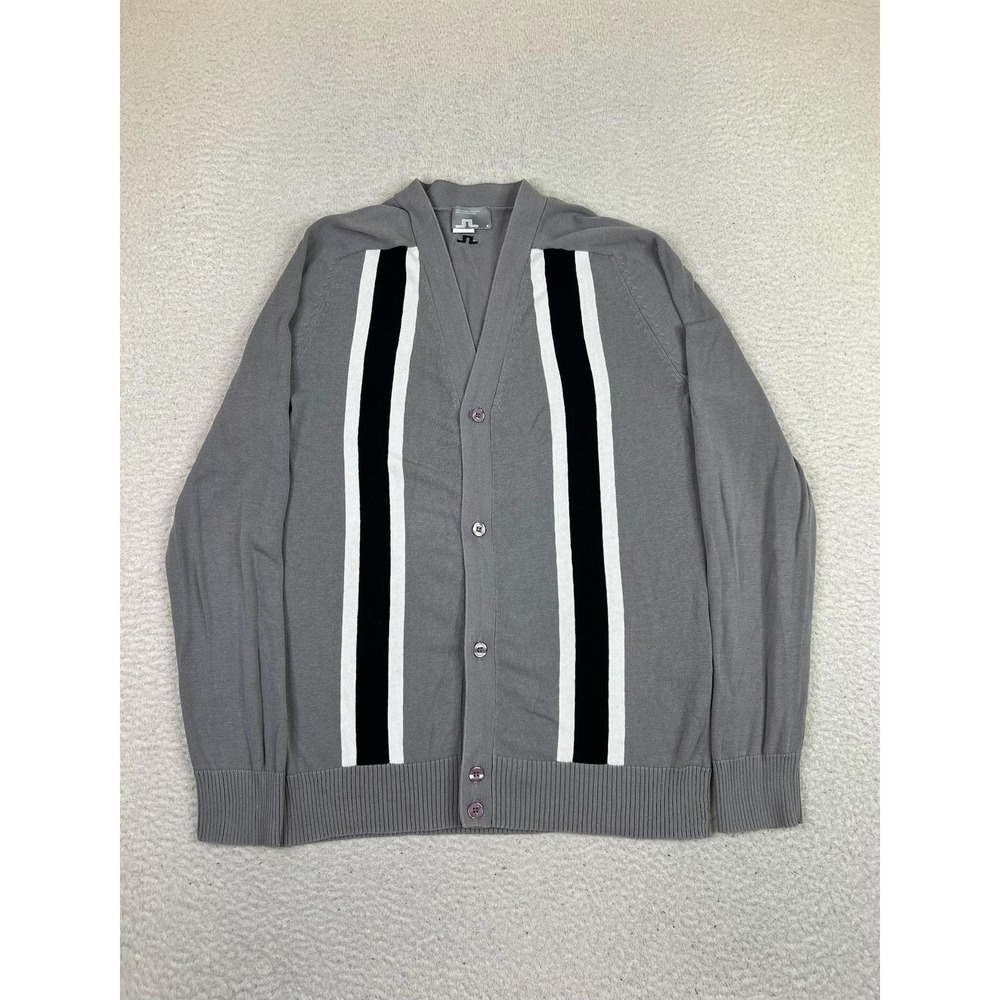 J.Lindeberg Mens Cardigan Sweater Medium Gray V Neck Striped Cotton Knit 92MG